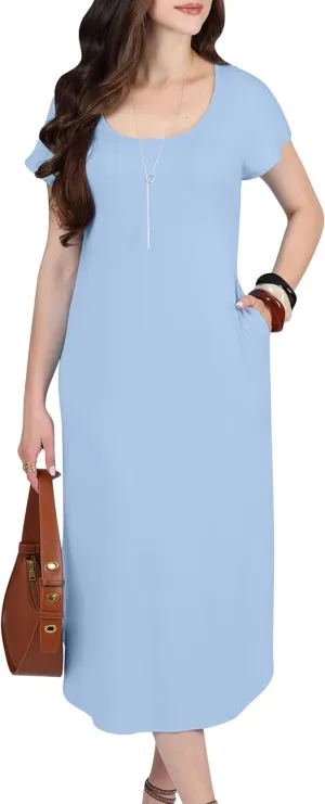 KOH KOH Womens 2025 Long Casual Pockets Loose Comfy Cap Sleeve Comfy Midi Dress