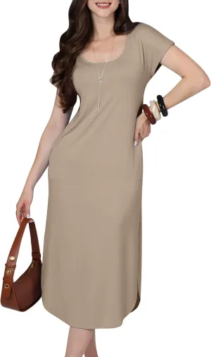 KOH KOH Womens 2025 Long Casual Pockets Loose Comfy Cap Sleeve Comfy Midi Dress
