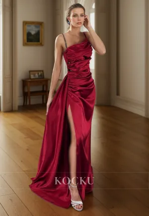 L3080 - Elegant & Simple Ruched Straps Straps Satin Evening Party Prom Dress With Split