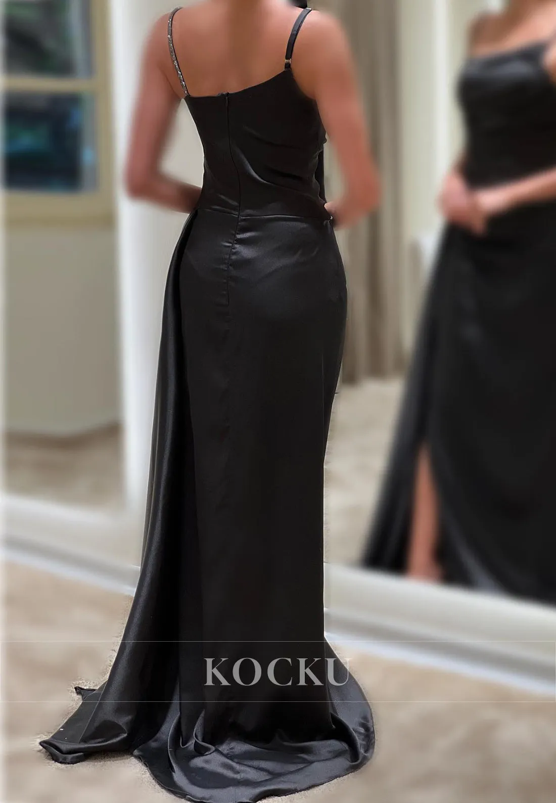 L3080 - Elegant & Simple Ruched Straps Straps Satin Evening Party Prom Dress With Split