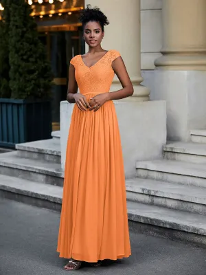Lace and Chiffon Maxi Dress with Cap Sleeves-Orange