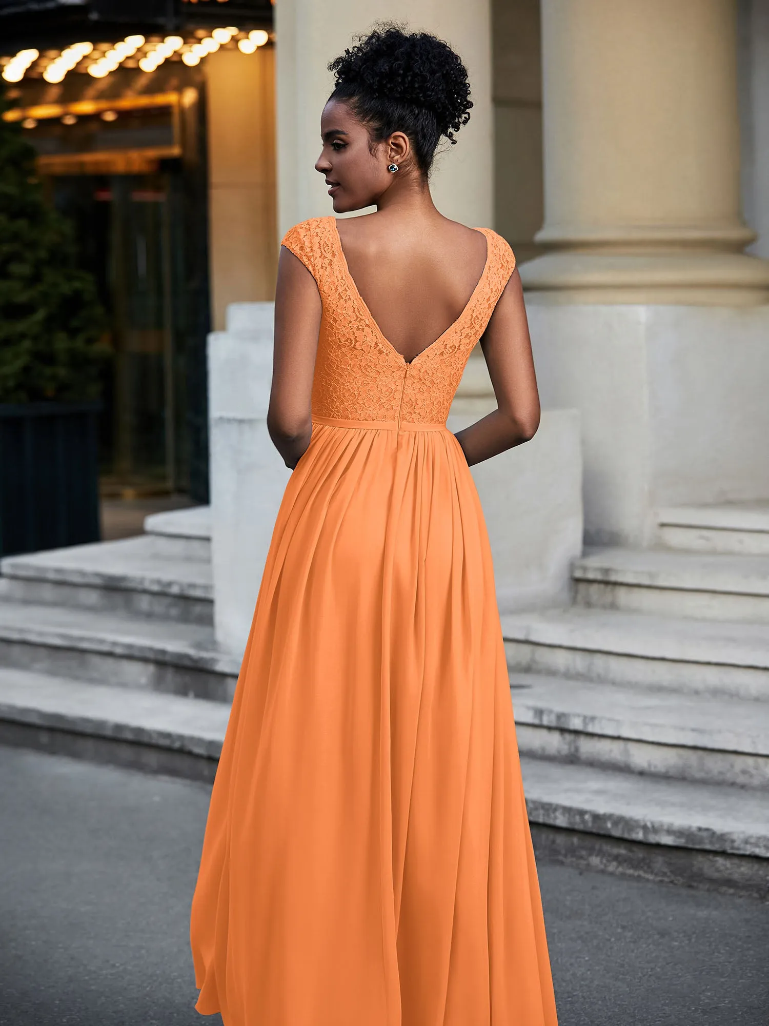Lace and Chiffon Maxi Dress with Cap Sleeves-Orange