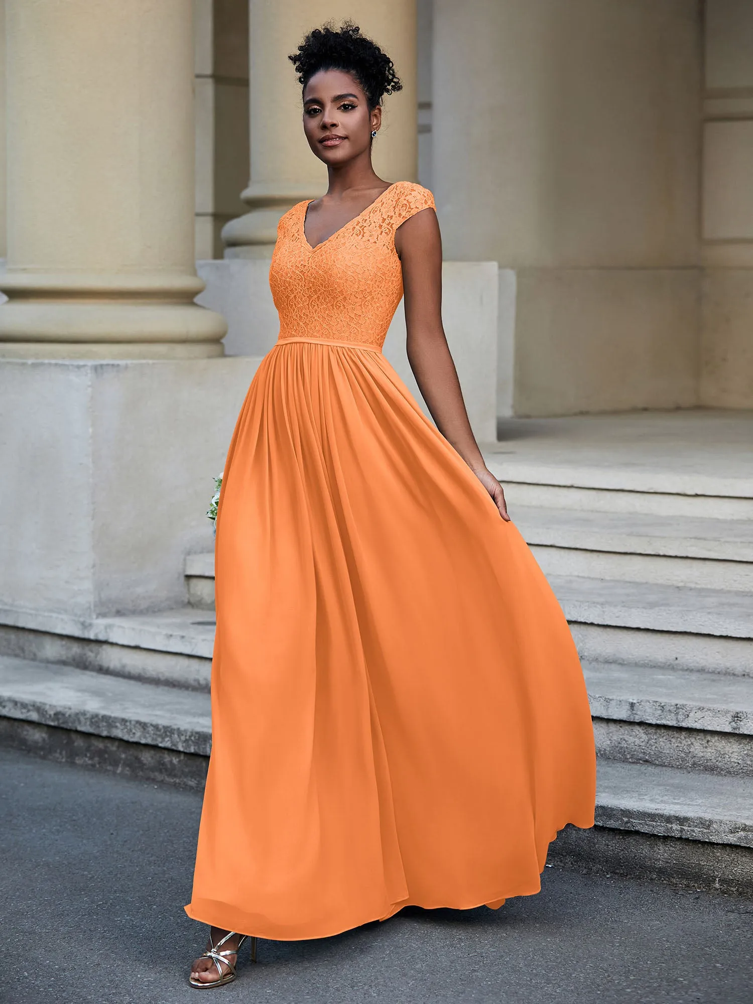 Lace and Chiffon Maxi Dress with Cap Sleeves-Orange