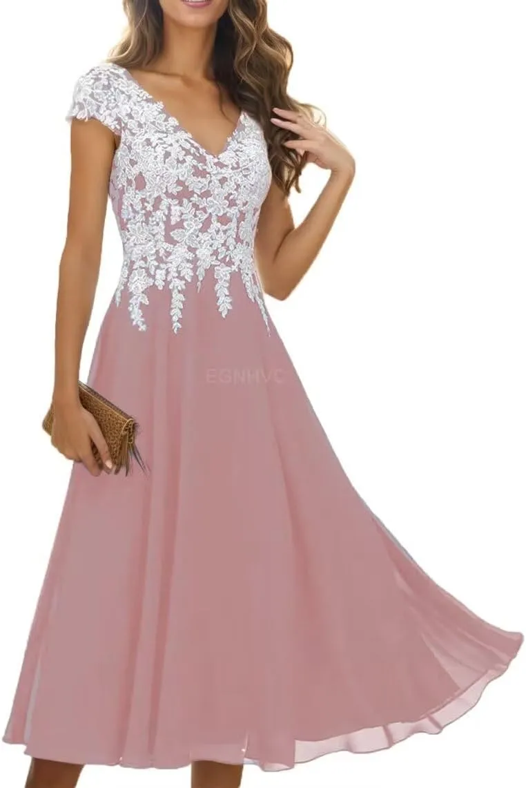 Lace Appliques Mother of The Bride Dresses for Wedding with Sleeves Chiffon V Neck Long Formal Evening Gowns