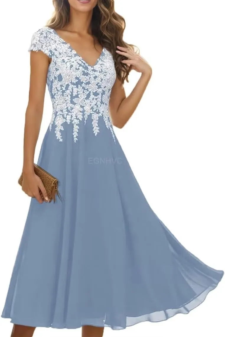 Lace Appliques Mother of The Bride Dresses for Wedding with Sleeves Chiffon V Neck Long Formal Evening Gowns
