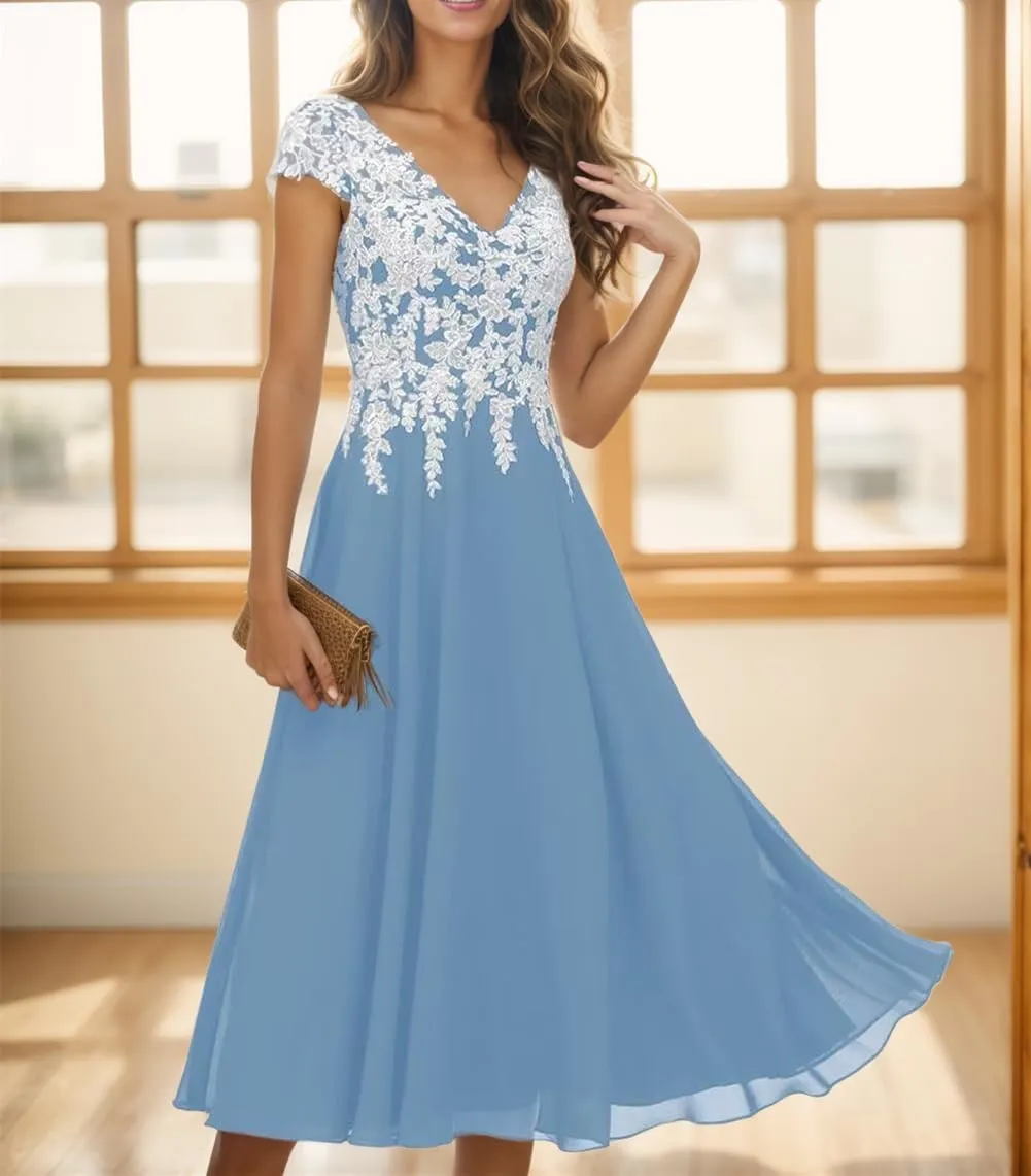 Lace Appliques Mother of The Bride Dresses for Wedding with Sleeves Chiffon V Neck Long Formal Evening Gowns