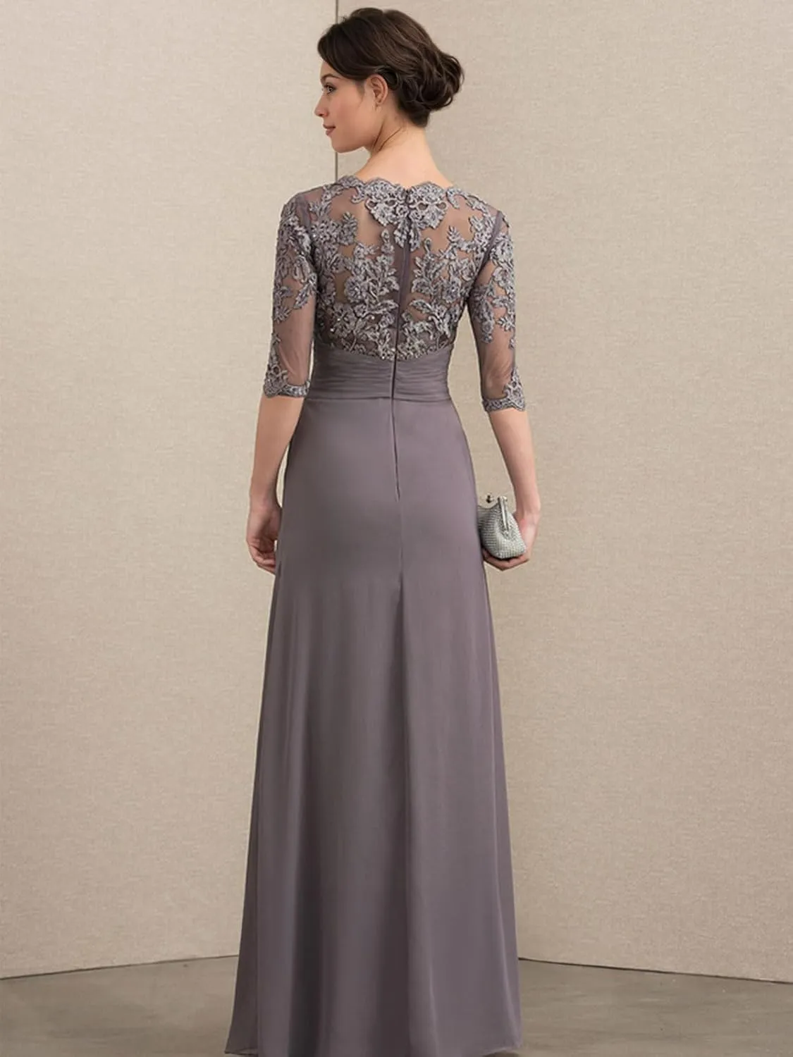 Lace Mother of The Bride Dresses for Wedding - Long Formal Dress Chiffon 3/4 Sleeves Ruched Evening Gown