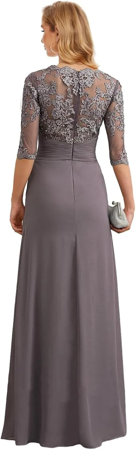 Lace Mother of The Bride Dresses for Wedding - Long Formal Dress Chiffon 3/4 Sleeves Ruched Evening Gown