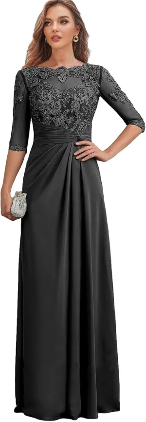 Lace Mother of The Bride Dresses for Wedding - Long Formal Dress Chiffon 3/4 Sleeves Ruched Evening Gown