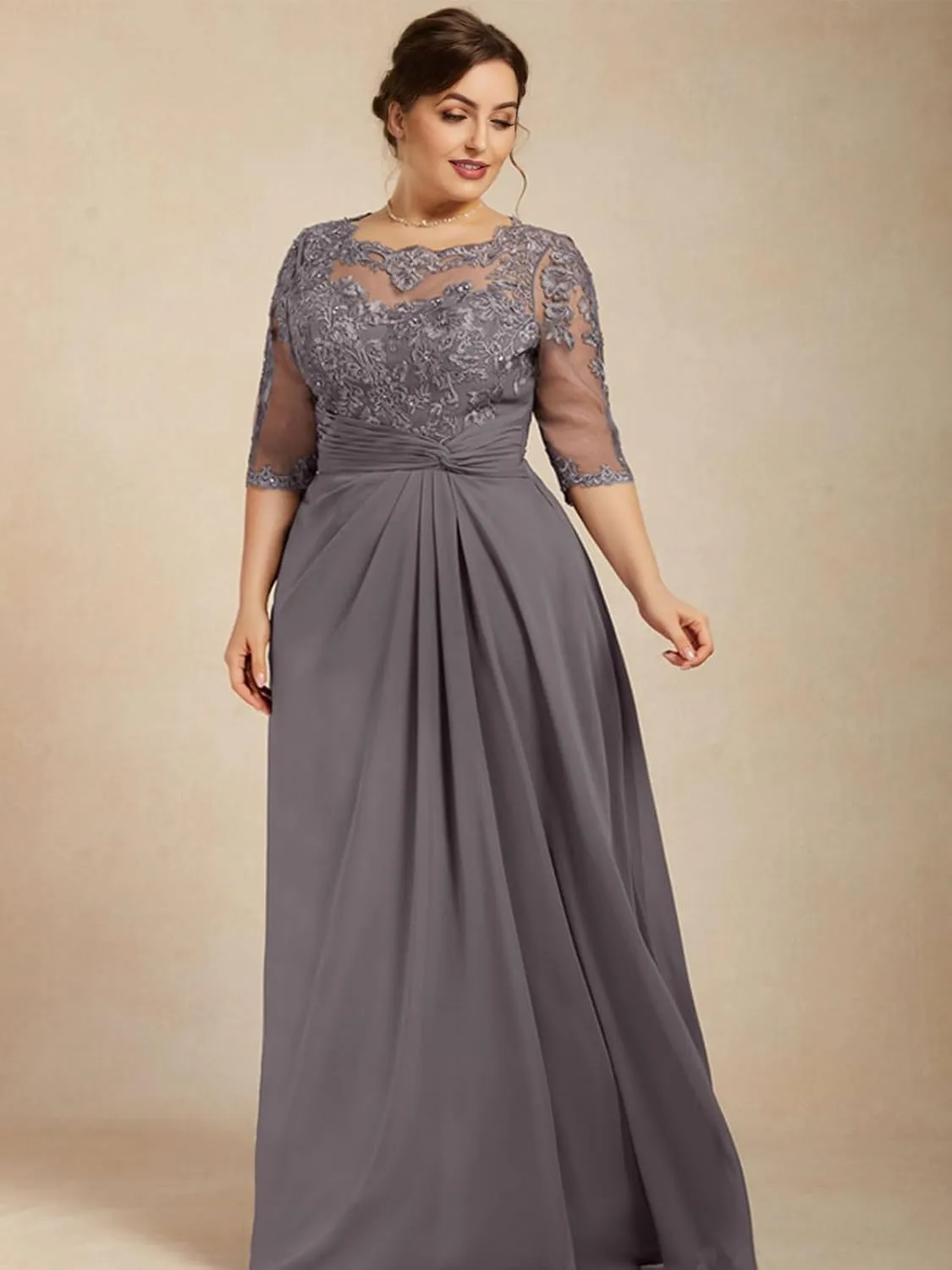 Lace Mother of The Bride Dresses for Wedding - Long Formal Dress Chiffon 3/4 Sleeves Ruched Evening Gown