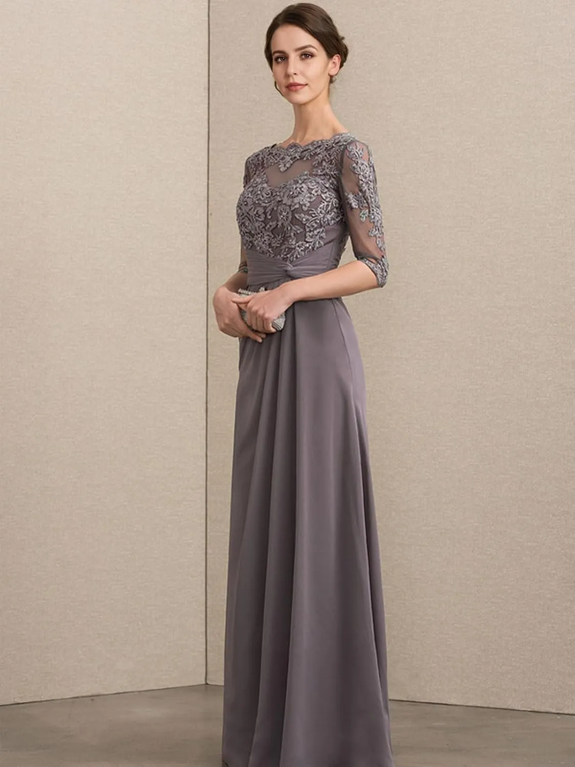 Lace Mother of The Bride Dresses for Wedding - Long Formal Dress Chiffon 3/4 Sleeves Ruched Evening Gown