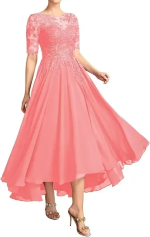 Lace Mother of The Bride Dresses Tea Length Chiffon Applique Formal Evening Gowns with Short Sleeves