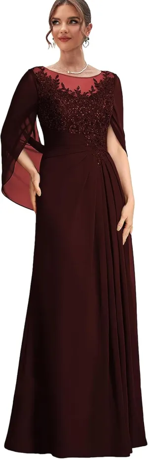 Lace Mother of The Bride Dresses with Sleeves Chiffon Long Formal Dress for Women Wedding Guest