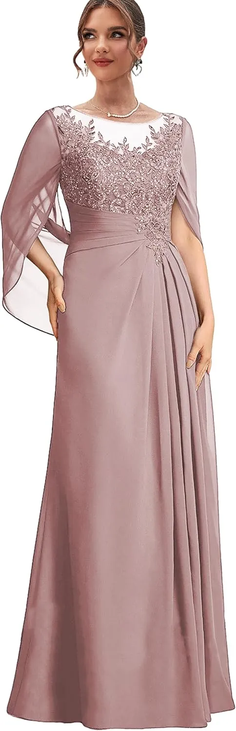Lace Mother of The Bride Dresses with Sleeves Chiffon Long Formal Dress for Women Wedding Guest