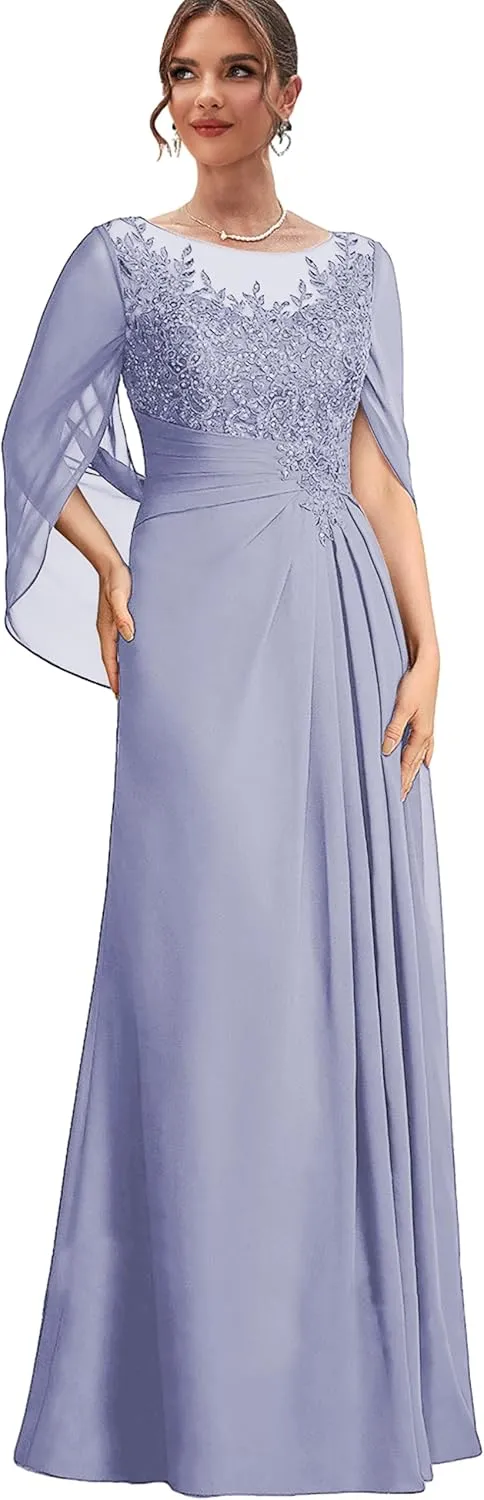 Lace Mother of The Bride Dresses with Sleeves Chiffon Long Formal Dress for Women Wedding Guest