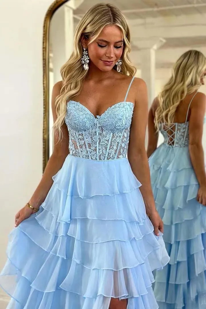 Lace Tiered Prom Dress with Slit 2025 Ruffle Sweetheart Spaghetti Strap Chiffon Formal Evening Dress