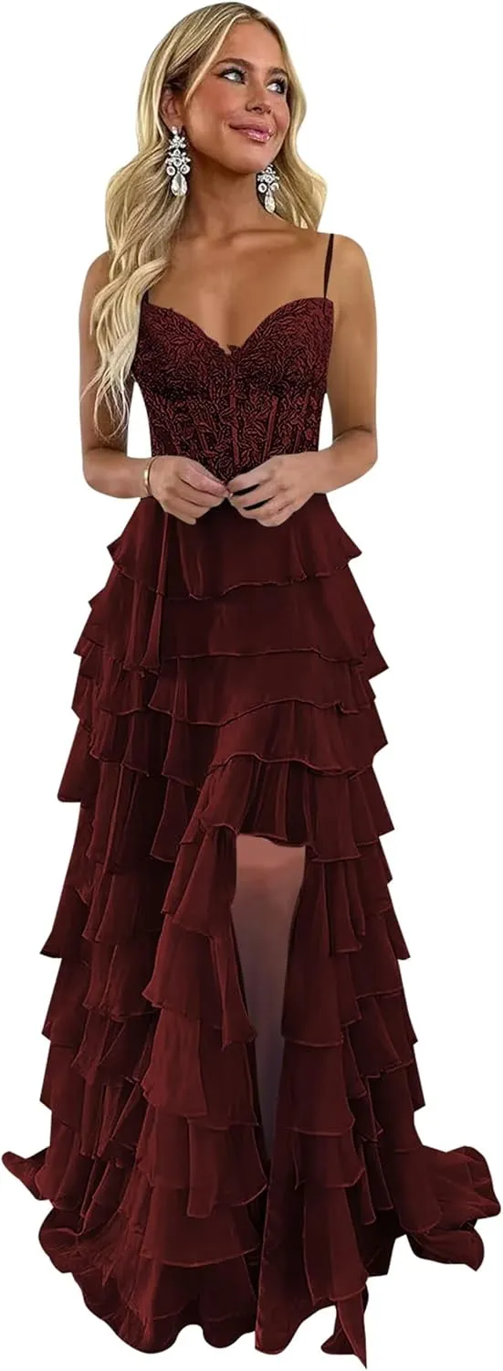 Lace Tiered Prom Dress with Slit 2025 Ruffle Sweetheart Spaghetti Strap Chiffon Formal Evening Dress