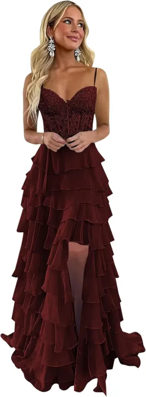 Lace Tiered Prom Dress with Slit 2025 Ruffle Sweetheart Spaghetti Strap Chiffon Formal Evening Dress