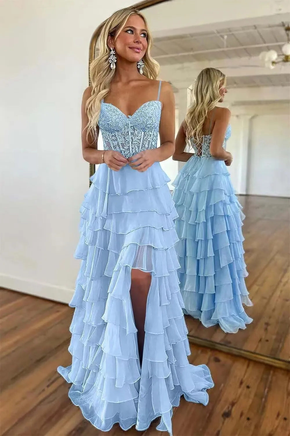 Lace Tiered Prom Dress with Slit 2025 Ruffle Sweetheart Spaghetti Strap Chiffon Formal Evening Dress