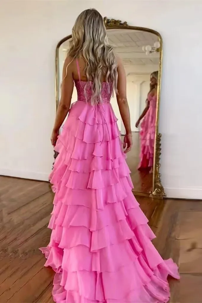Lace Tiered Prom Dress with Slit 2025 Ruffle Sweetheart Spaghetti Strap Chiffon Formal Evening Dress