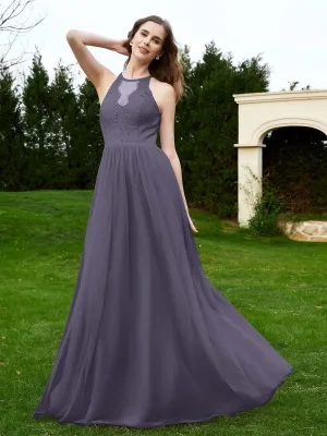 Lace Tulle Bridesmaid Gown Halter Neckline Stormy