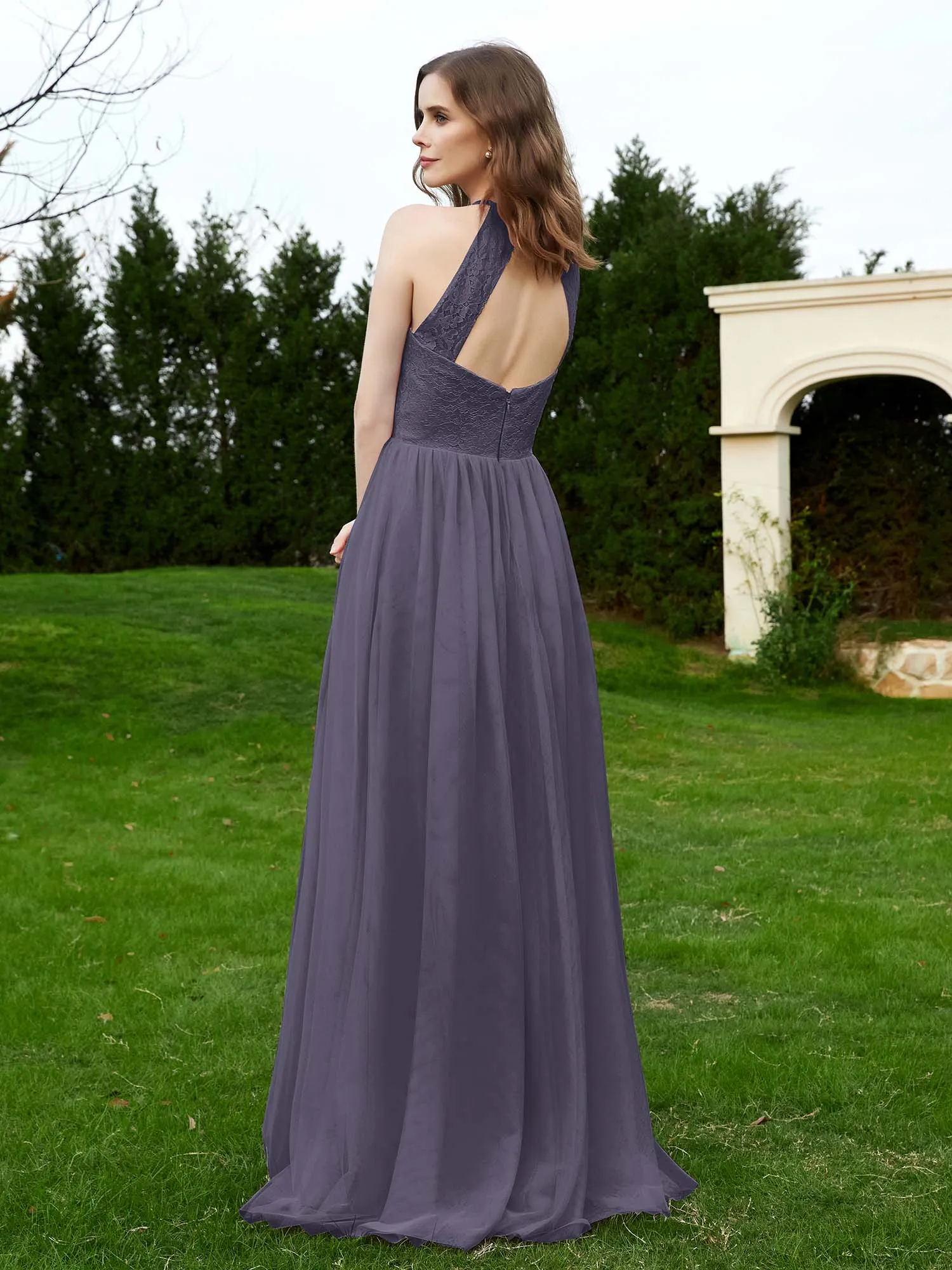 Lace Tulle Bridesmaid Gown Halter Neckline Stormy