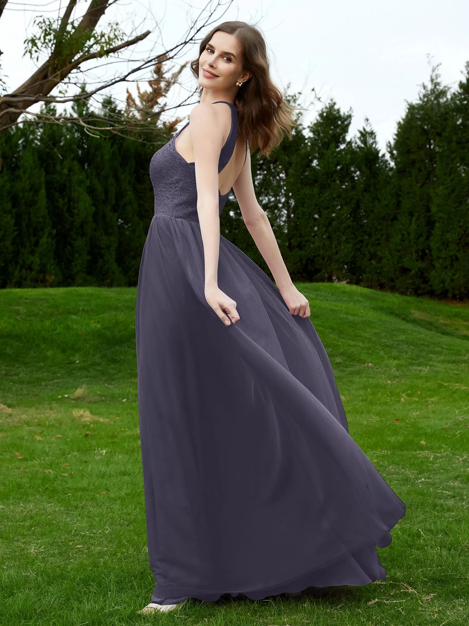 Lace Tulle Bridesmaid Gown Halter Neckline Stormy