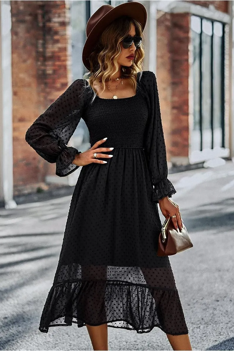 LACED DOT DETAILED RUFFLE DRESS
