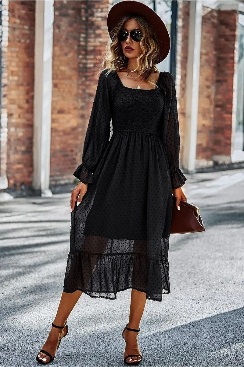 LACED DOT DETAILED RUFFLE DRESS