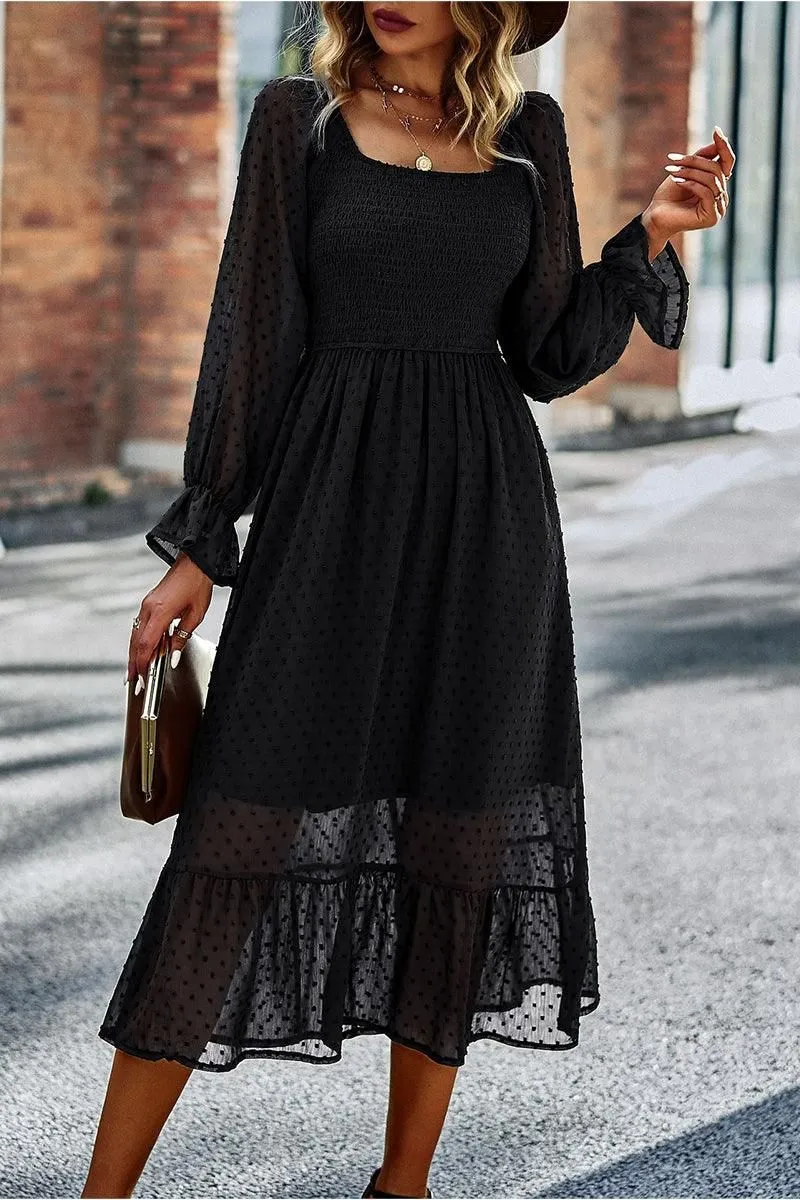 LACED DOT DETAILED RUFFLE DRESS