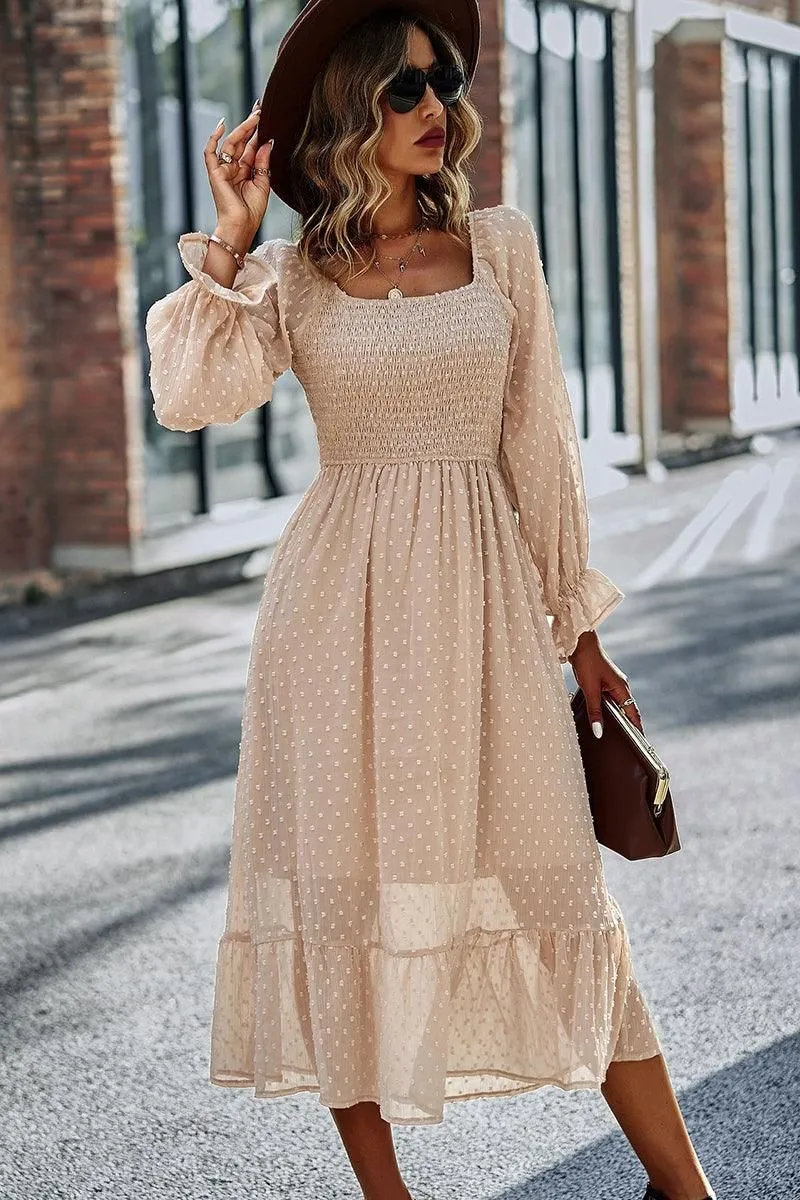 LACED DOT DETAILED RUFFLE DRESS