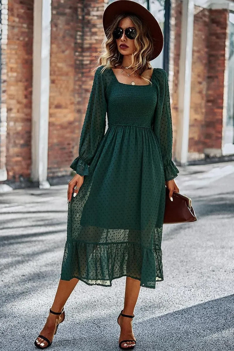 LACED DOT DETAILED RUFFLE DRESS
