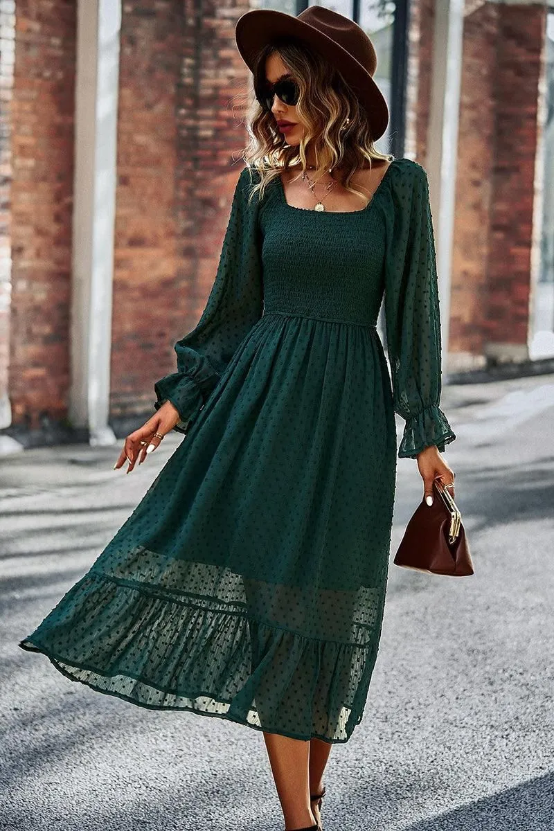 LACED DOT DETAILED RUFFLE DRESS