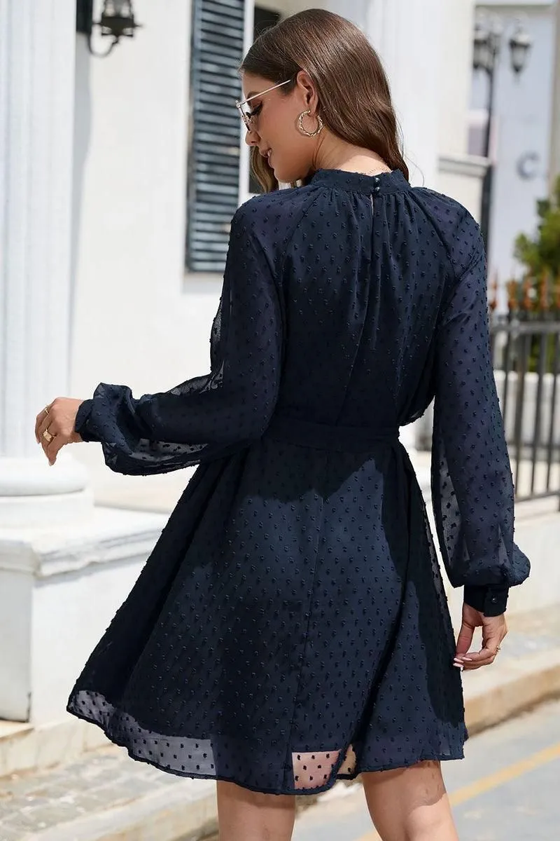 LACED DOT DETAILED WAIST TIE CASUAL DRESS