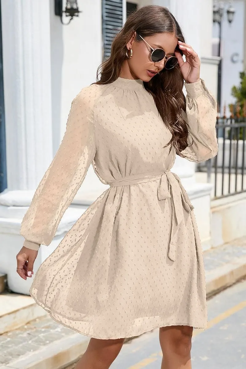 LACED DOT DETAILED WAIST TIE CASUAL DRESS