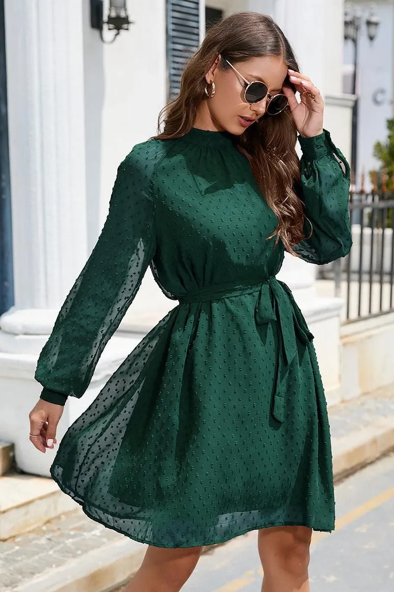 LACED DOT DETAILED WAIST TIE CASUAL DRESS