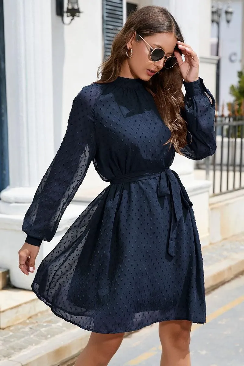 LACED DOT DETAILED WAIST TIE CASUAL DRESS