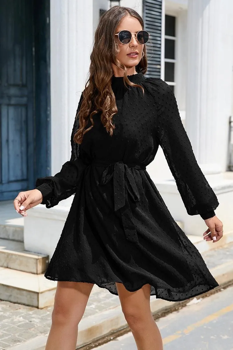 LACED DOT DETAILED WAIST TIE CASUAL DRESS