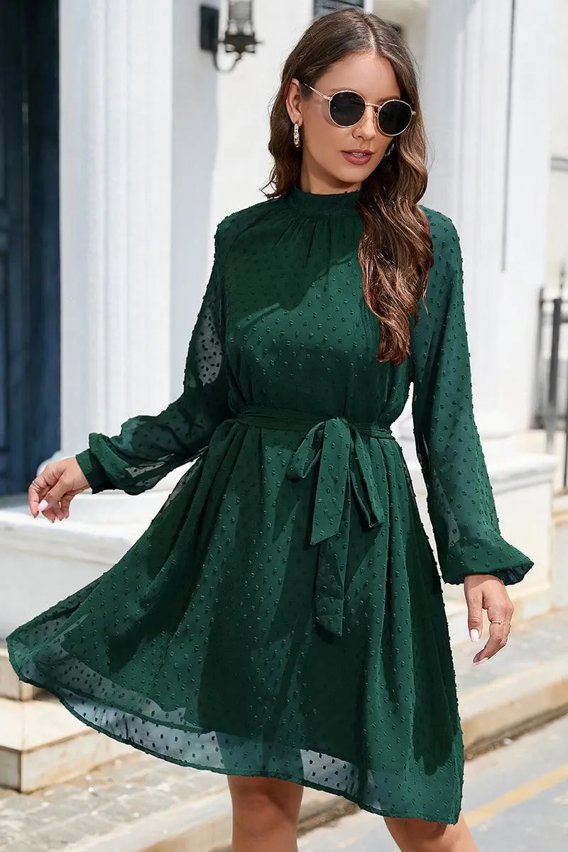LACED DOT DETAILED WAIST TIE CASUAL DRESS