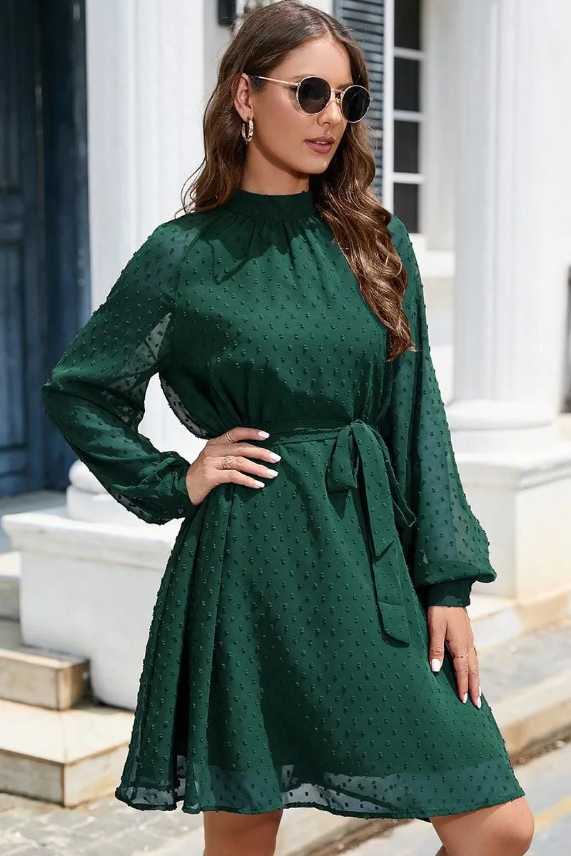 LACED DOT DETAILED WAIST TIE CASUAL DRESS