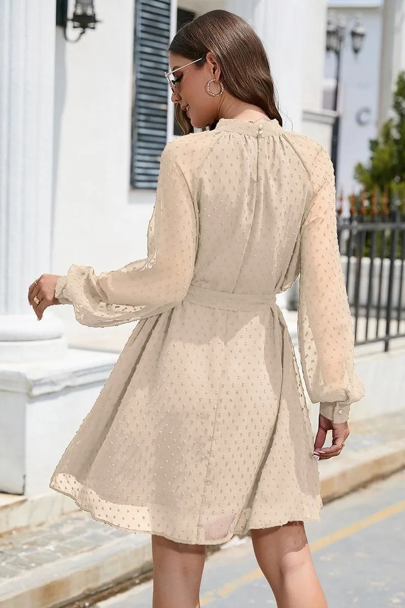 LACED DOT DETAILED WAIST TIE CASUAL DRESS