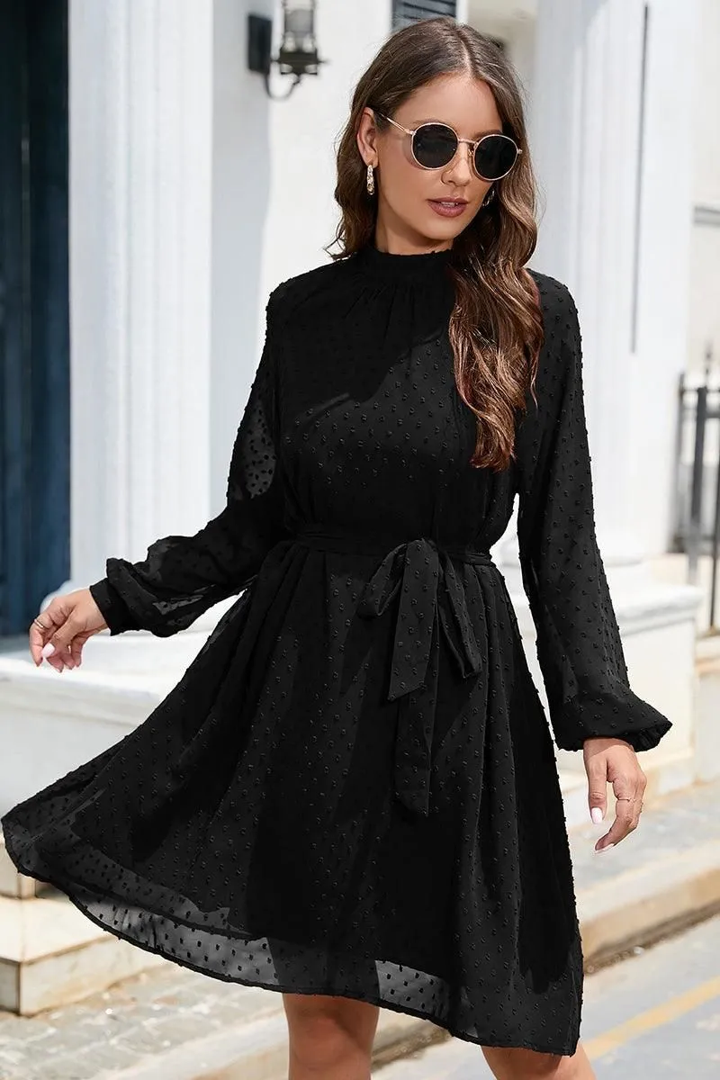 LACED DOT DETAILED WAIST TIE CASUAL DRESS