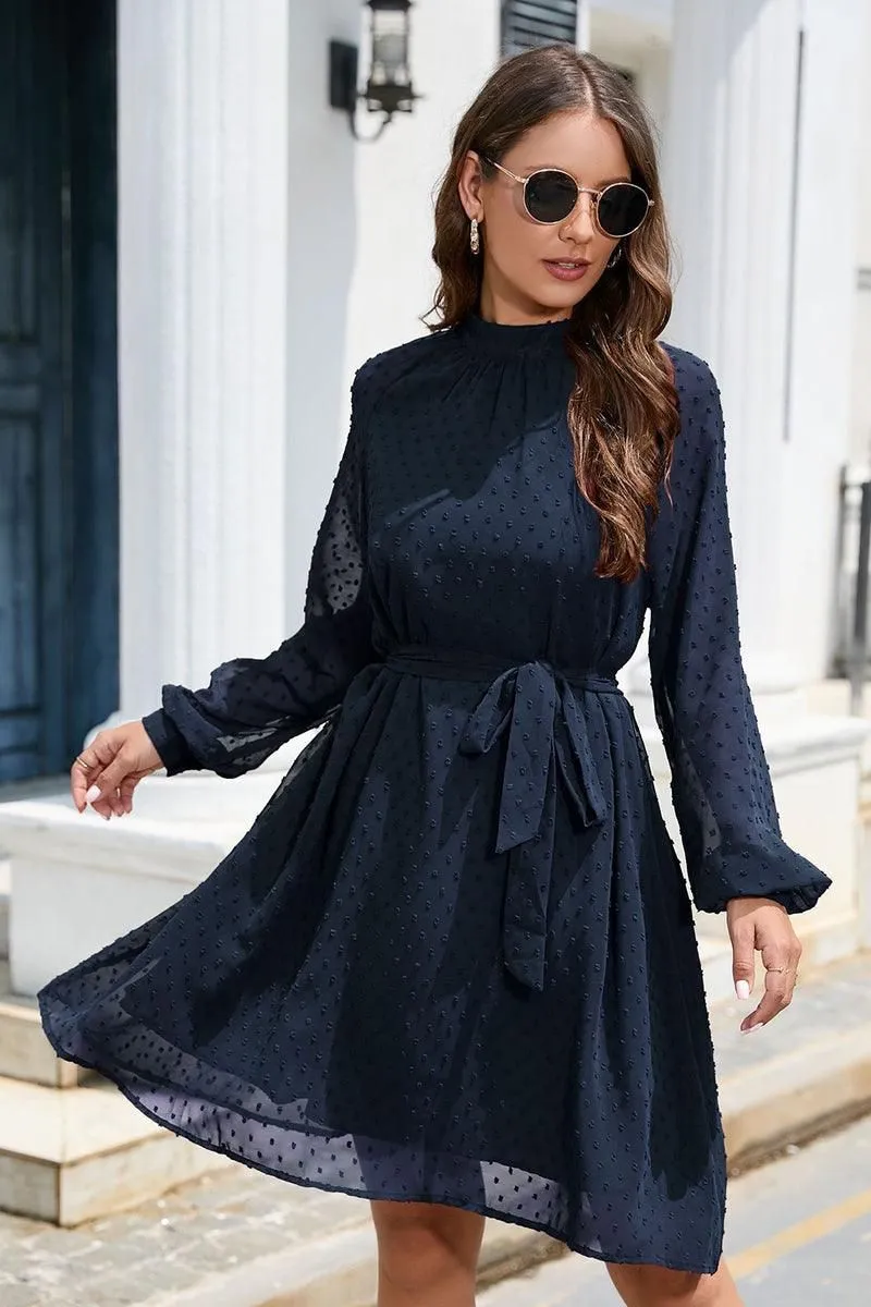 LACED DOT DETAILED WAIST TIE CASUAL DRESS