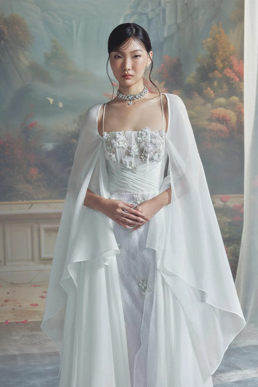 Le Blanc A-line Cape Sleeved Chiffon Maxi Dress