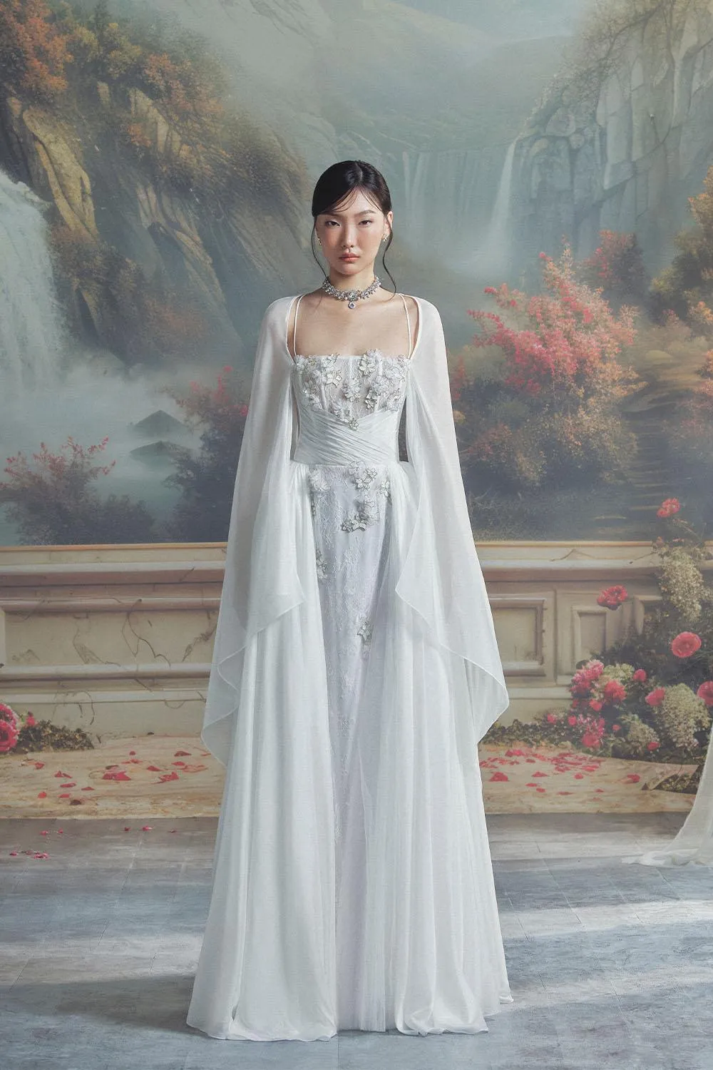 Le Blanc A-line Cape Sleeved Chiffon Maxi Dress