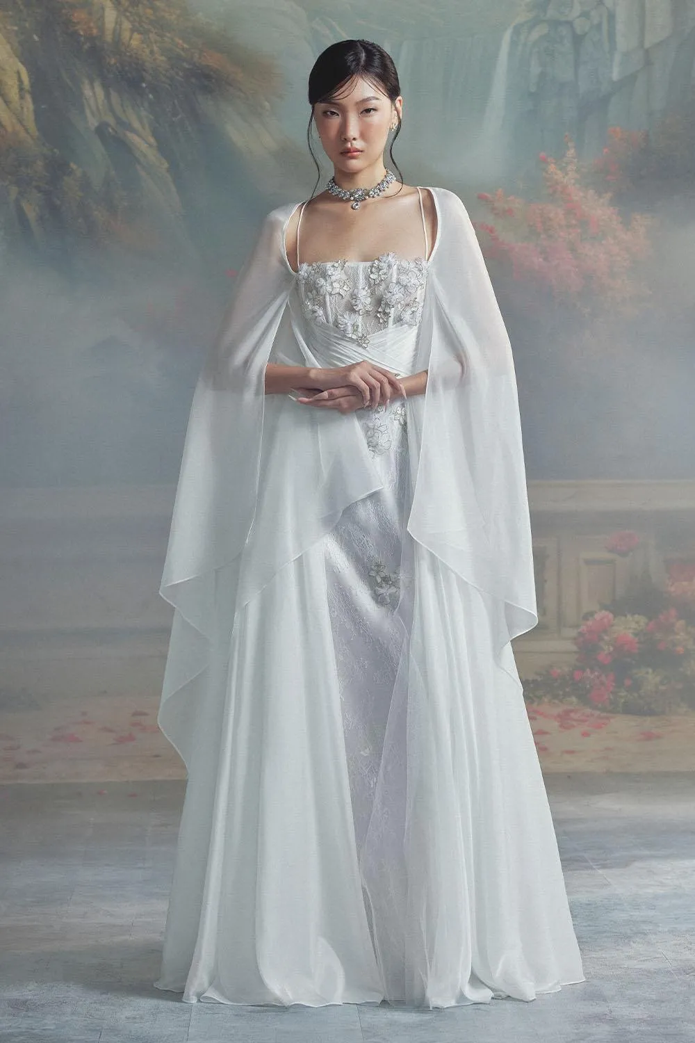 Le Blanc A-line Cape Sleeved Chiffon Maxi Dress