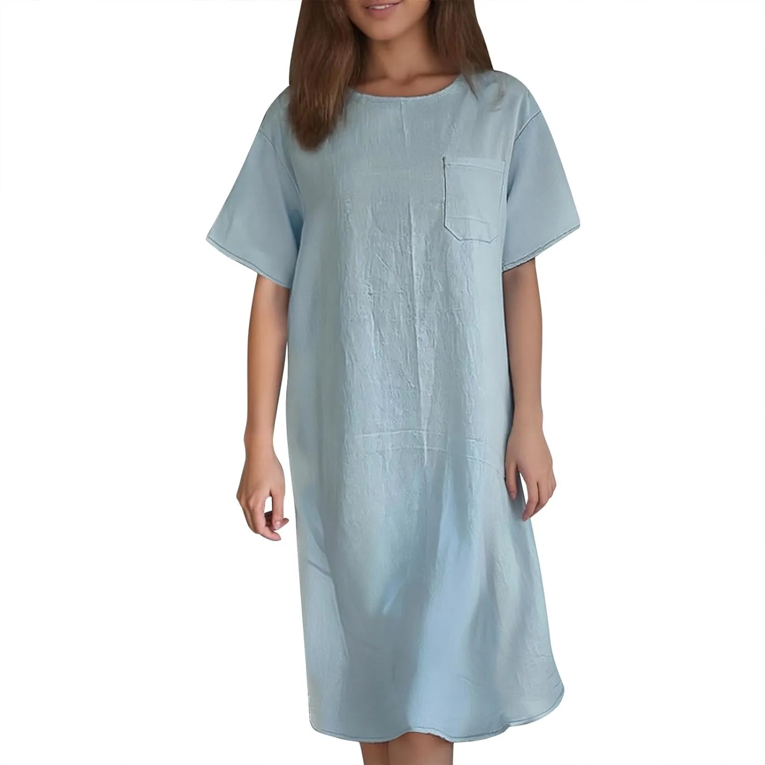 Linen Dress for Women Summer 2025 Scoop Neck Short Sleeve Mini Dress Casual Beach Vacation Sundresses with Pocket