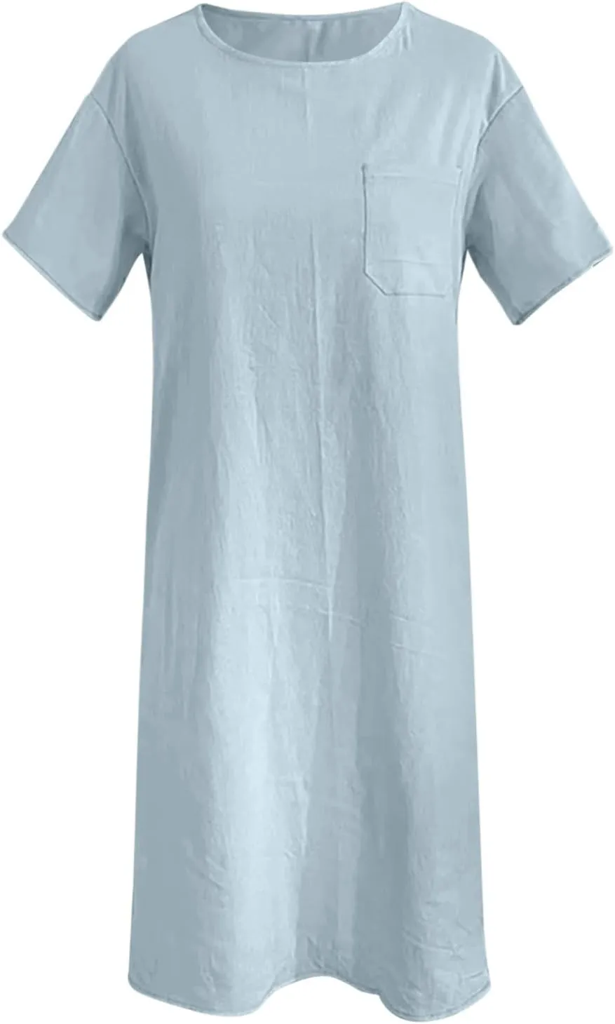Linen Dress for Women Summer 2025 Scoop Neck Short Sleeve Mini Dress Casual Beach Vacation Sundresses with Pocket
