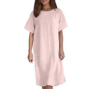 Linen Dress for Women Summer 2025 Scoop Neck Short Sleeve Mini Dress Casual Beach Vacation Sundresses with Pocket