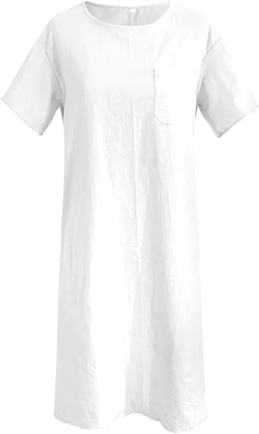 Linen Dress for Women Summer 2025 Scoop Neck Short Sleeve Mini Dress Casual Beach Vacation Sundresses with Pocket